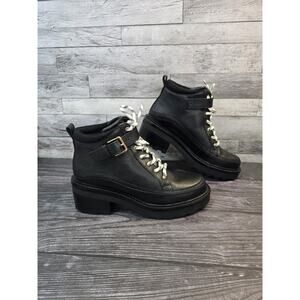 Cole Haan Shibley Waterproof Lace Up Booties Black Pebbled Leather Women 9B